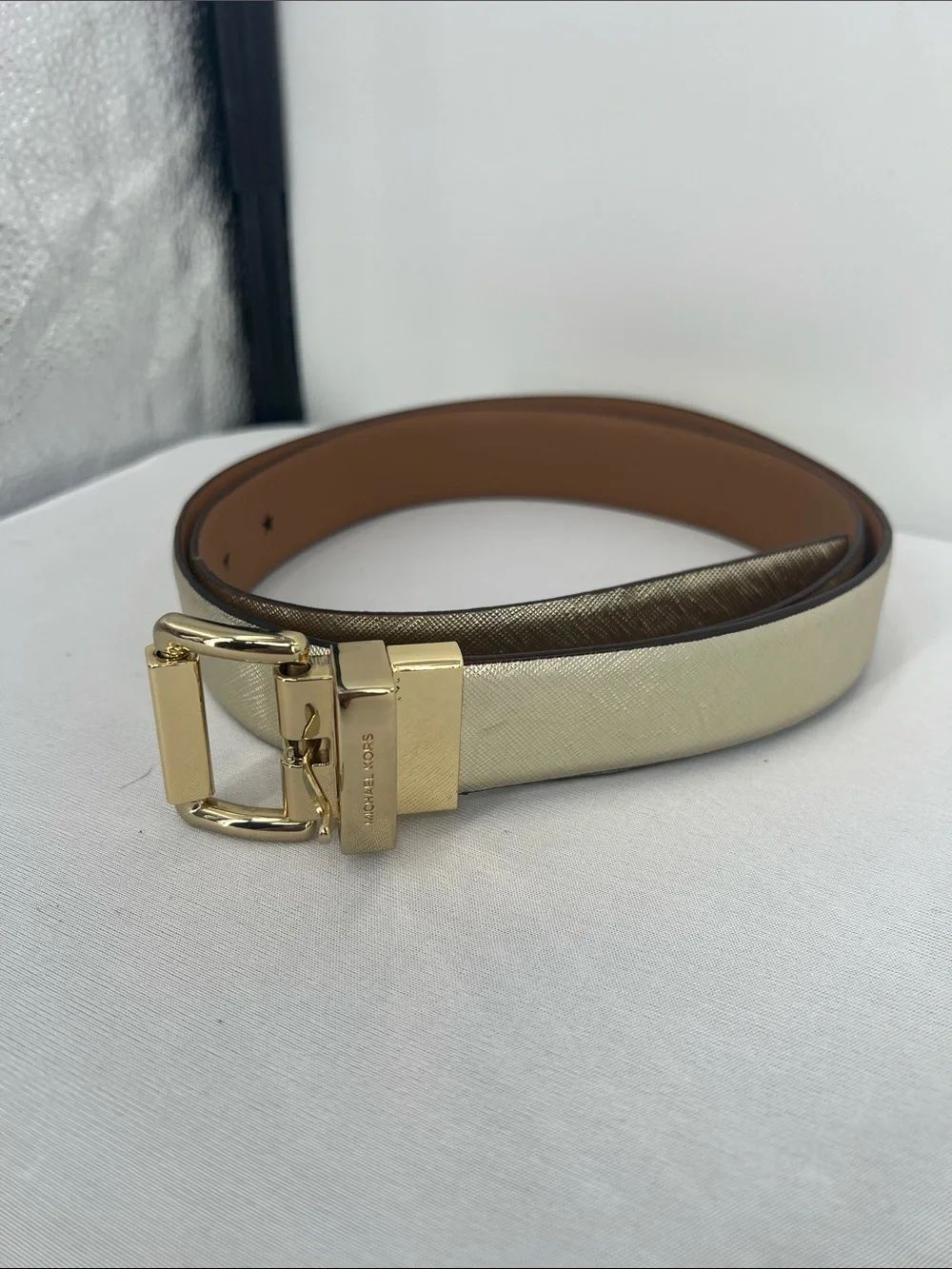 Michael Kors Cream and Brown Reversible Leather Belt with Gold Buckle